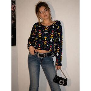 H&M DIVIDED Women's Large Multicolored Geometric Star Cropped Knit Sweater